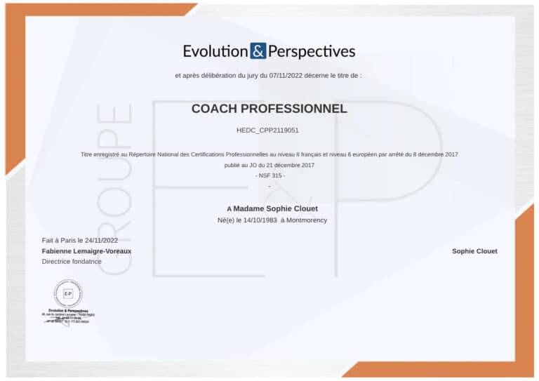 Certificat Coach professionnel - Sophie Clouet