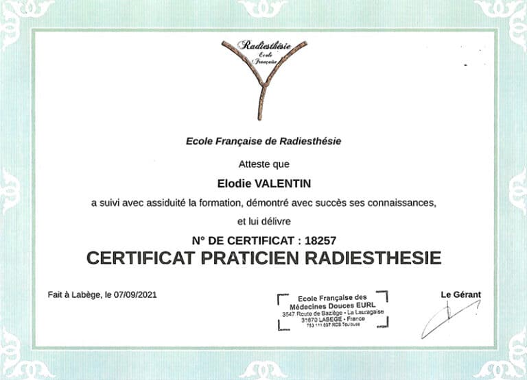 Elodie-certificat-radiesthésie